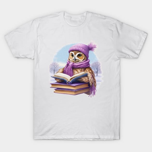 Cute owl Read A Book wearing a  purple hat and scarf T-Shirt by JnS Merch Store